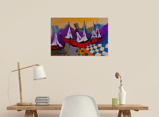 Abstract-boats (40x60cm, oil painting, ready to hang)