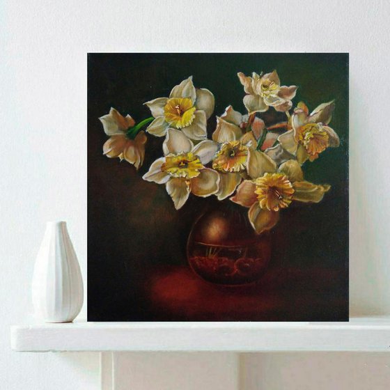 Bouquet of daffodils on a dark background, 40x40 cm, ready to hang.