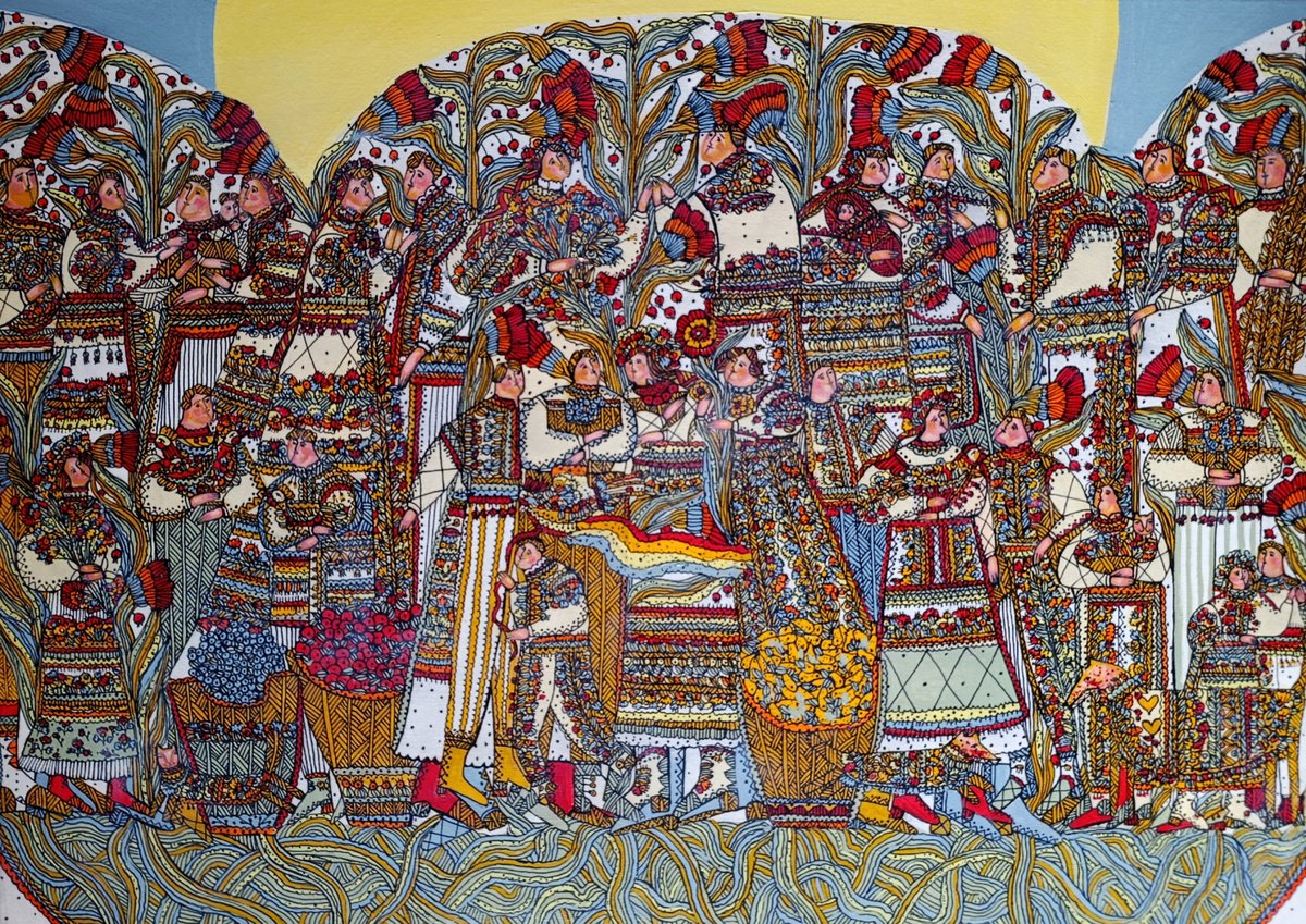 Naive Portrait Acrylic Painting By Tetiana Osadchuk, 28 X 20", Free People, Original Artwork