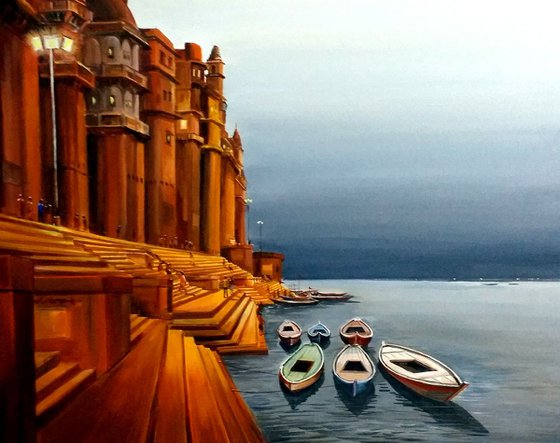 Varanasi Ghat at Evening  - Acrylic on Canvas Painting