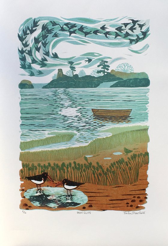 Iken Cliff. Original handmade linocut. Limited edition reduction linoprint. Helen Maxfield.
