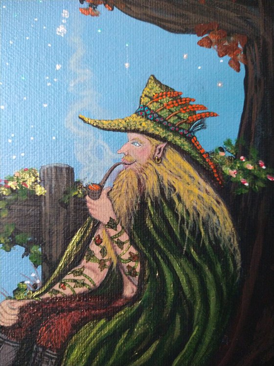 Green Man and the Owl. Original acrylic painting by Zoe Adams.