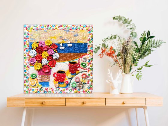Sunny picnic on the sea - Abstract still life with mosaic & glass. Naive art decorative wall sculpture