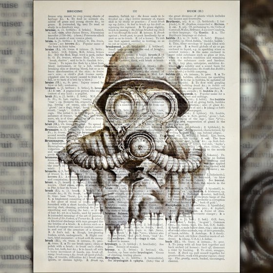 Gas Mask - Collage Art on Large Real English Dictionary Vintage Book Page