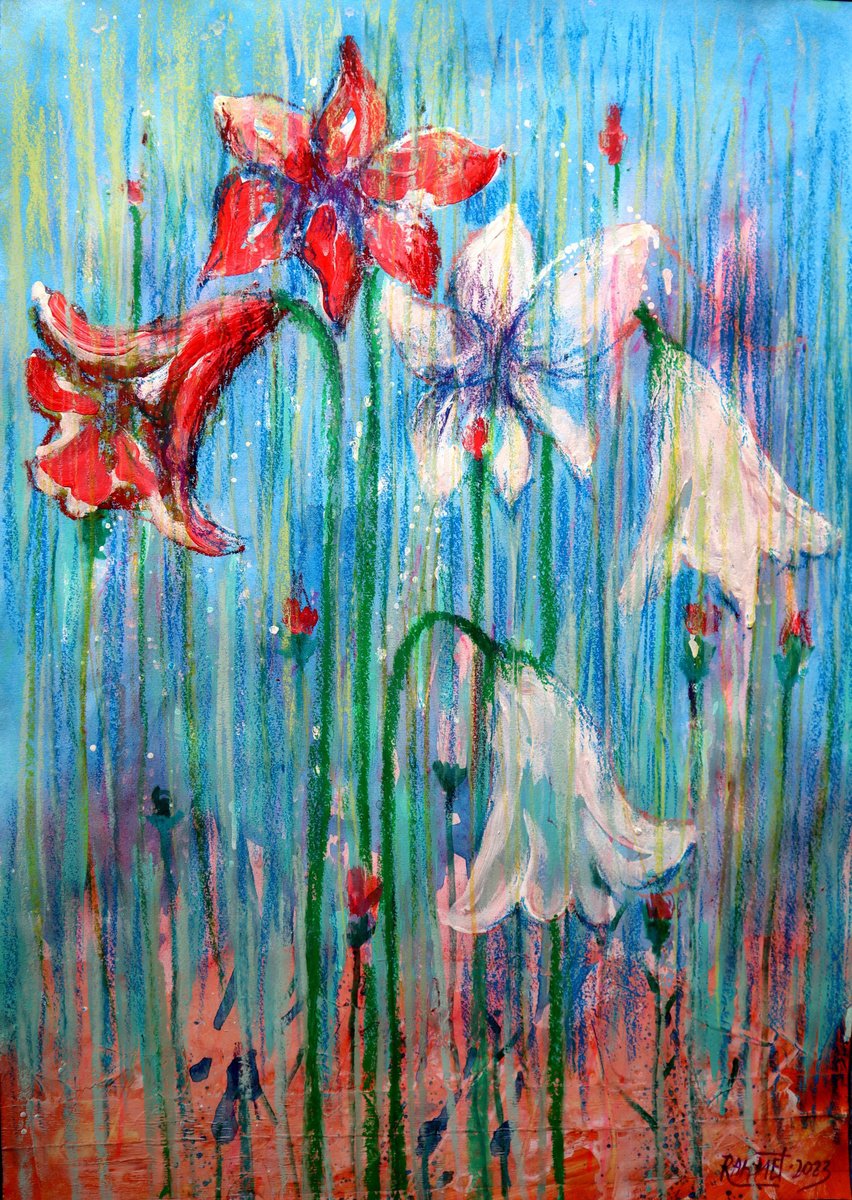 Impressionistic Botanical Acrylic Painting By Rakhmet Redzhepov, 17 X 23", Fantasy With Flowers 133, Original Artwork