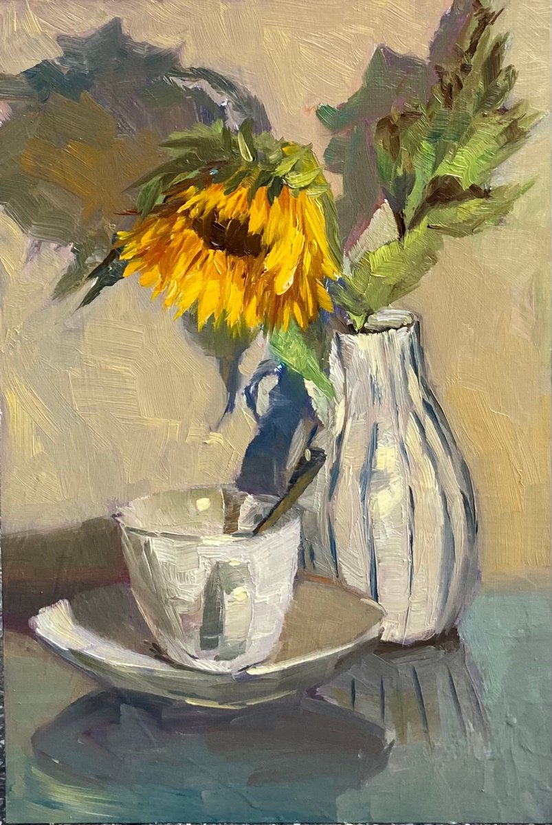 Expressive Still Life Oil Painting By Nithya Swaminathan, 10 X 14", Sunflowers And A Teacup, Original Artwork