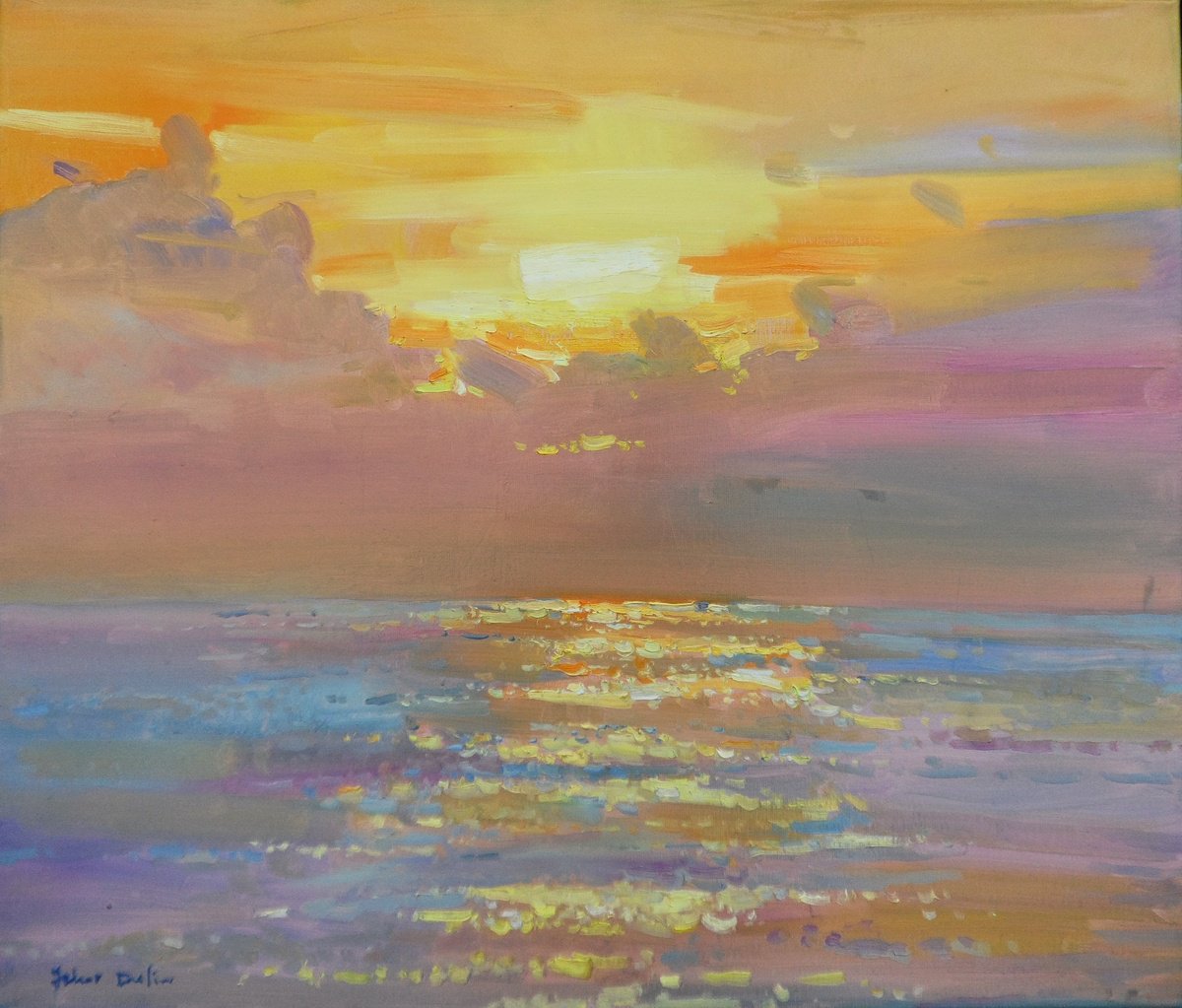 Impressionistic Landscape Oil Painting By Yehor Dulin, 28 X 24", "Warm Sea Sunset ", Original Artwork