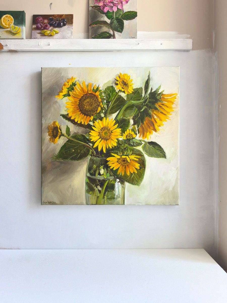 Impressionistic Botanical Oil Painting By Leyla Demir, 20 X 20", Sunflowers Bouquet, Original Artwork
