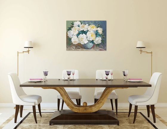 White peonies (60x80cm, oil painting, palette knife)