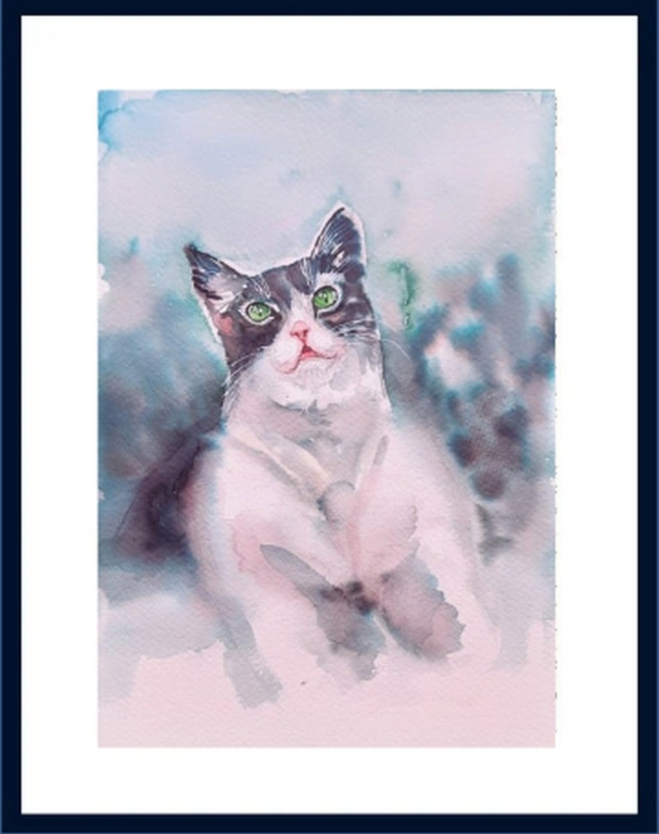 Impressionistic Animal Drawing By Asha Shenoy, 9 X 12, Gowrie The Cat, Original Artwork