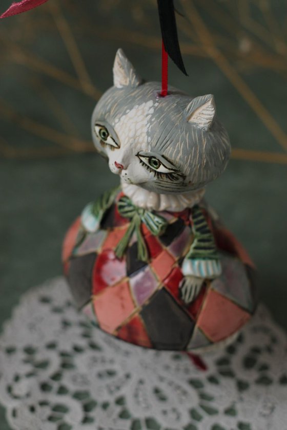 Little pussycat in harlequin dress. Hanging sculpture, bell doll by Elya Yalonetski