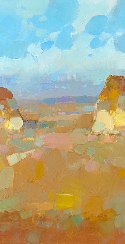 Wheat Stacks, Landscape oil painting, One of a kind, Signed, Handmade artwork by Vahe Yeremyan