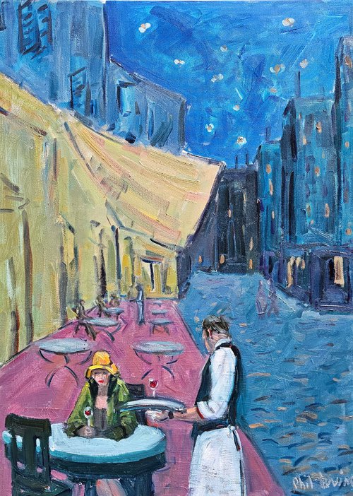 Hopper and Van Gogh Terrace at Night by Philip Levine