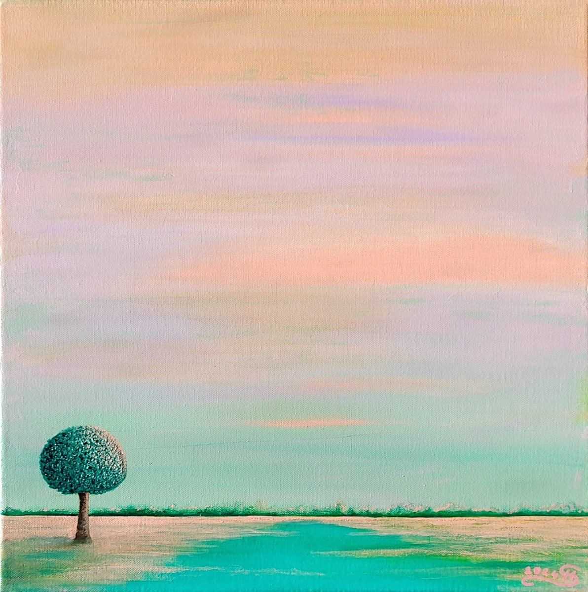 Surrealistic Landscape Acrylic Painting By Silvija Horvat, 16 X 16", Lone Tree #17, Original Artwork