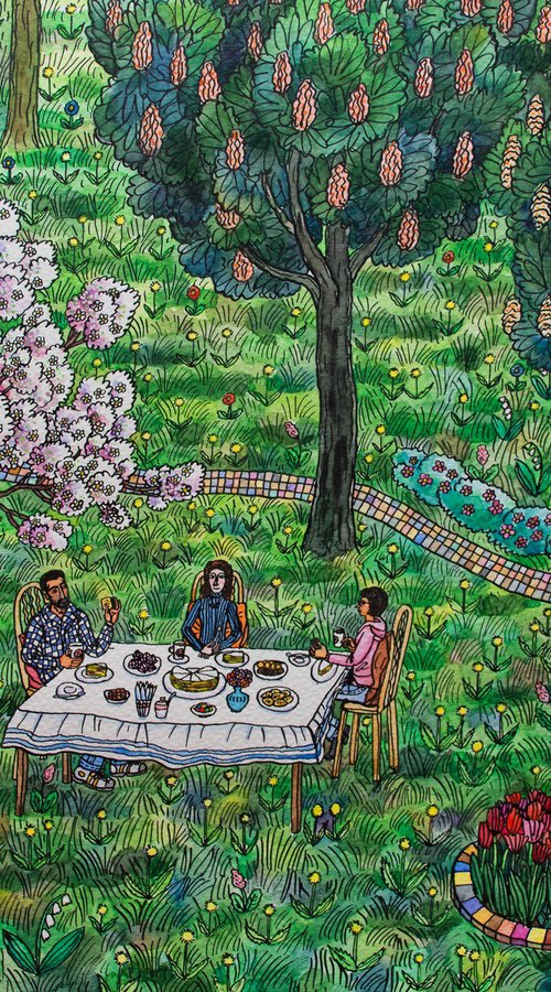 Tea party under a blossoming apple tree by Gala Sobol by Gala Sobol