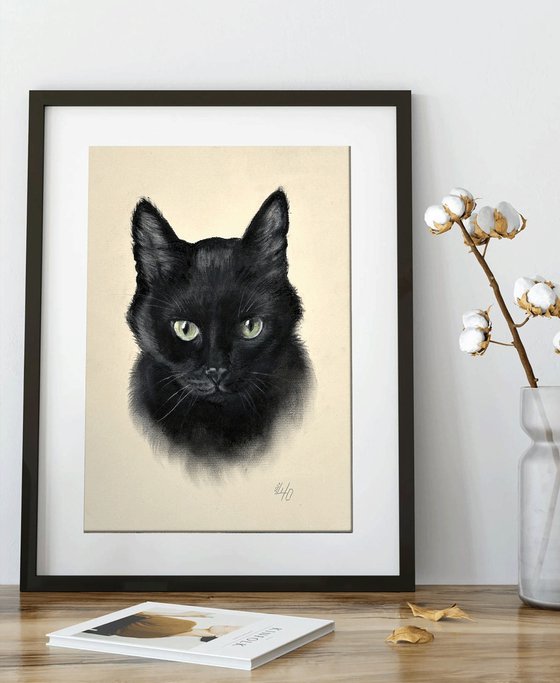 Portrait of Black Cat with Green Eyes