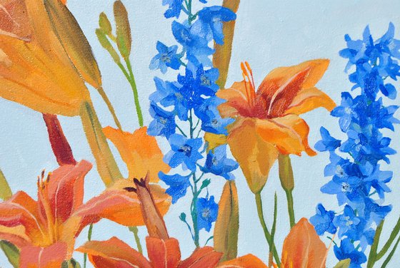 Orange Daylilies, Delphinium