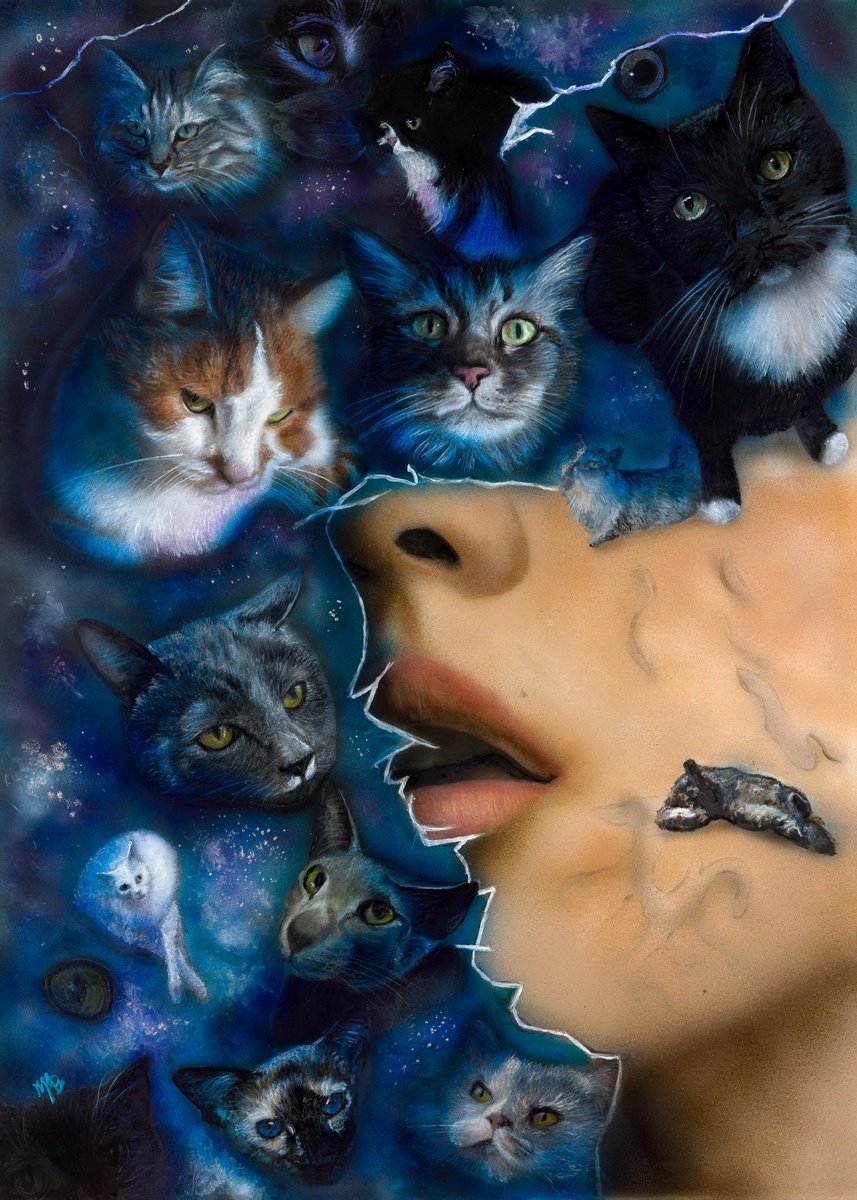 Surrealistic Animal Acrylic Painting By Maria Arias, 20 X 28", Cat Galaxy Dream, Original Artwork