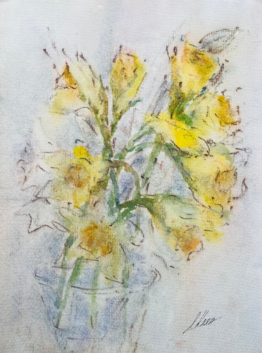 Impressionistic Still Life Painting By Elena Klyan, 8 X 11, Daffodils 2025, Original Artwork