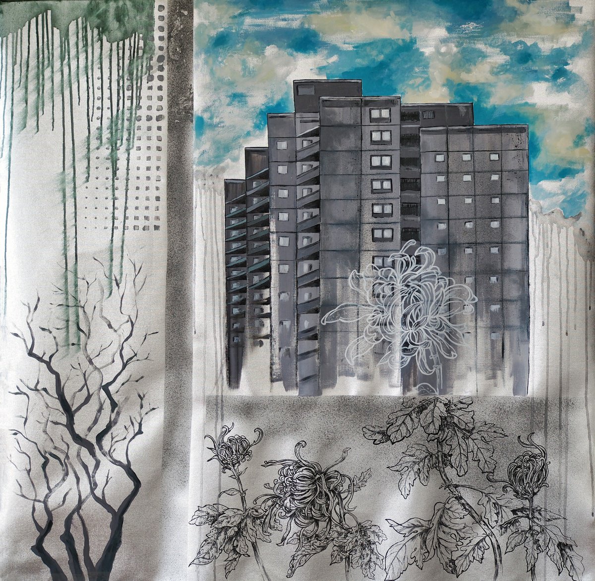 Expressive Cityscapes Painting By Delnara El, 43 X 43, Between, Original Artwork