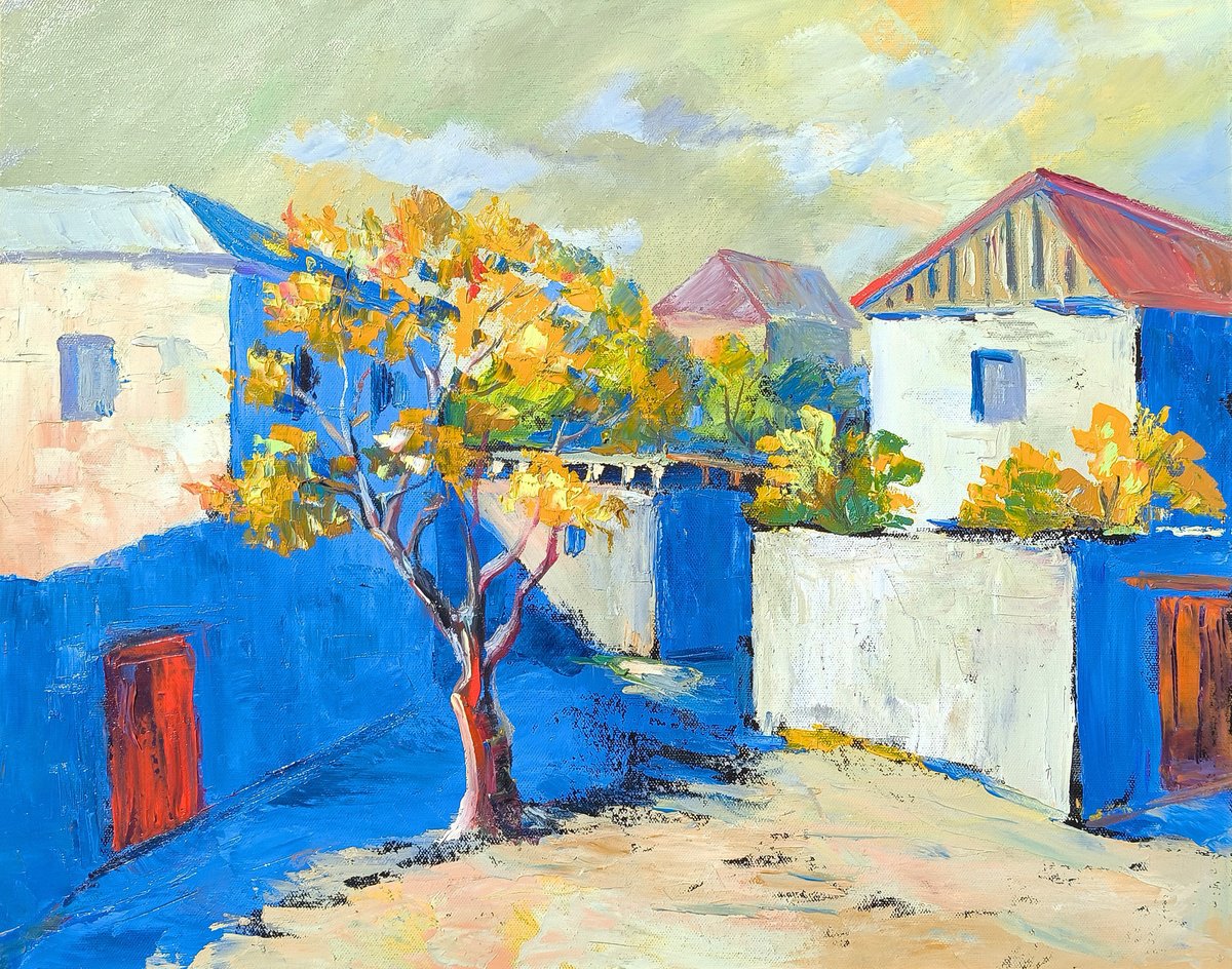 Impressionistic Landscape Oil Painting By Arto Mkrtchyan, 20 X 16, Sunlit Village Courtyard, Original Artwork