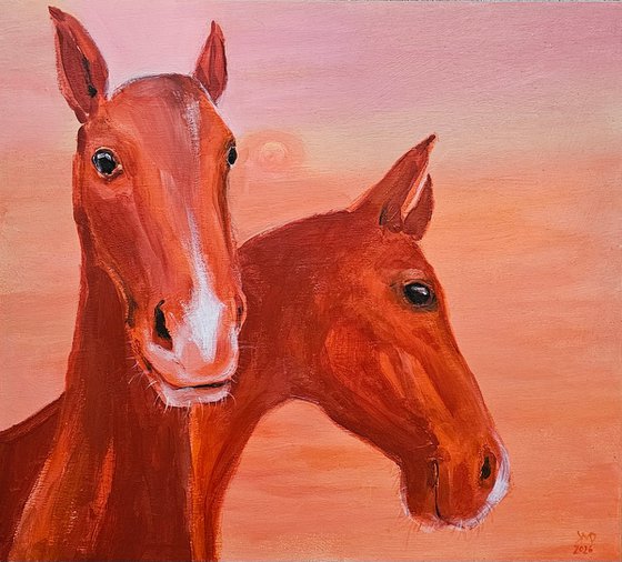 Chestnut horses at soft pink orange sunset