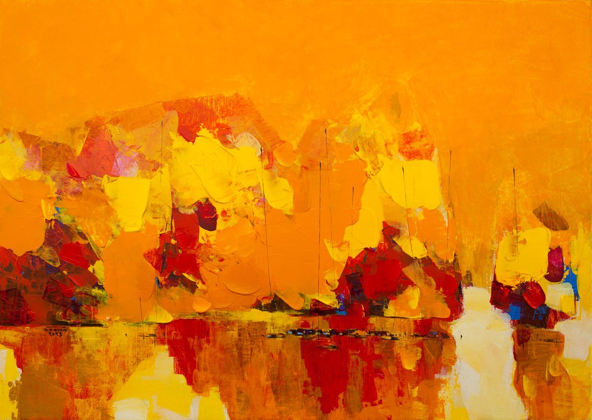 Expressive Landscape Acrylic Painting By The Khanh Bui, 39 X 28", Autumn Arrives On Halong Bay No.02, Original Artwork