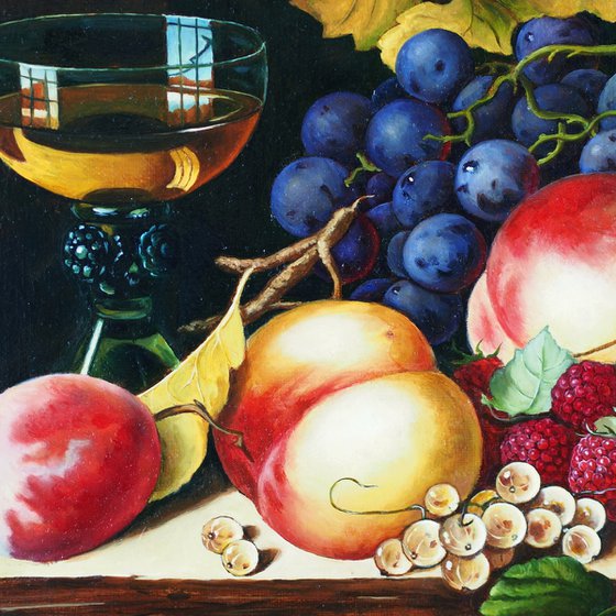 Still life with a glass of wine, a basket of fruits and berries