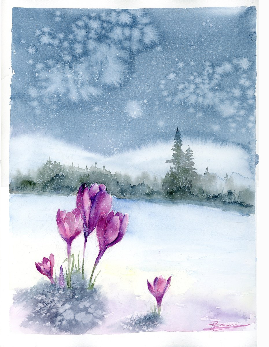 Expressive Landscape Watercolour By Olga Tchefranov (Shefranov), 12 X 16", Crocuses In Snow #2, Original Artwork