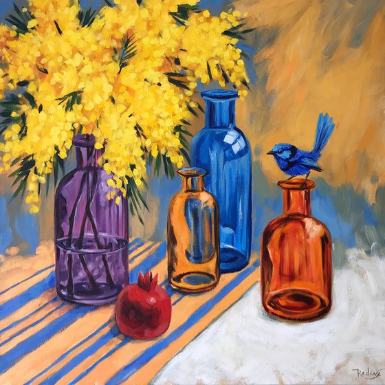 Still life with Splendid Fairy Wren, Wattle and coloured glass bottles