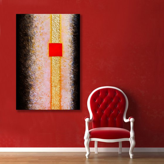Red Square on Golden Bumpy Road 80×120 cm