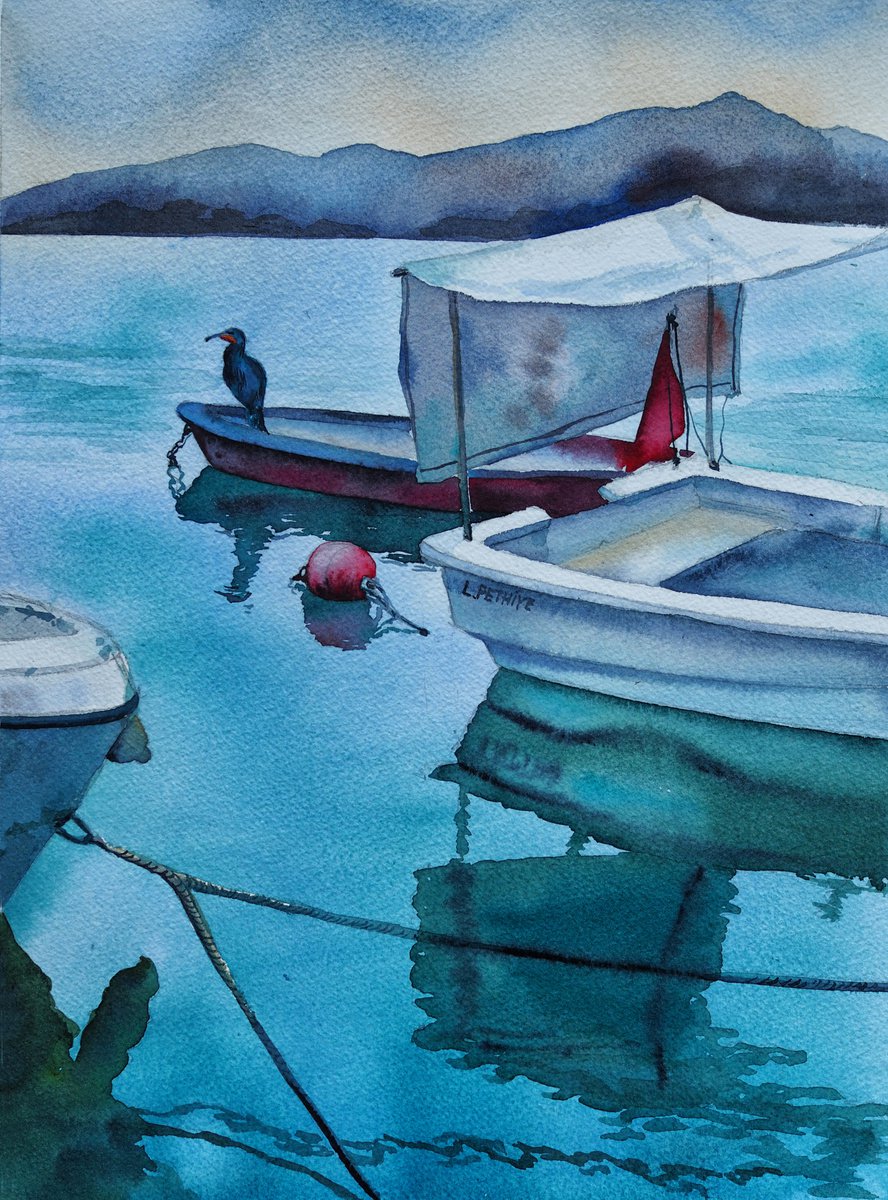 Foggy morning on the pier - original seascape watercolor artwork by Delnara El