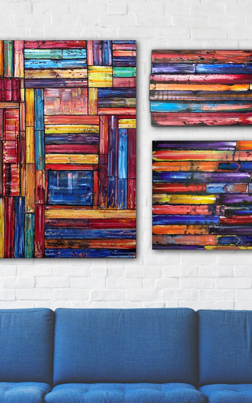 "Building A Fortress" - Original Xt Large PMS Abstract Triptych Oil Paintings On Canvas, Wooden Panels and Wooden Pieces - 108" x 48" by Preston M. Smith (PMS)