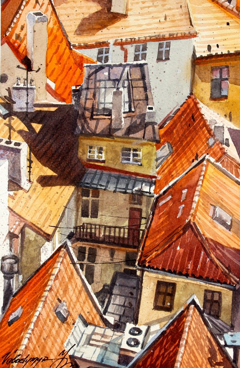 Illustrative Cityscapes Watercolour By Volodymyr Melnychuk, 7 X 11", Roofs Of Prague, Original Artwork