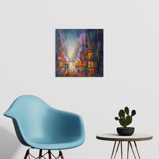 Painting Cityscape - Evening city, megapolis, evening lights, original oil art