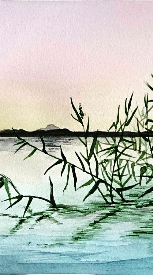 Lake. Watercolor painting on paper. Landscape. Original artwork by Svetlana Vorobyeva