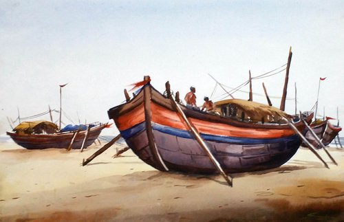 Fishing Boats at Seabeach - Watercolor Painting by Samiran Sarkar