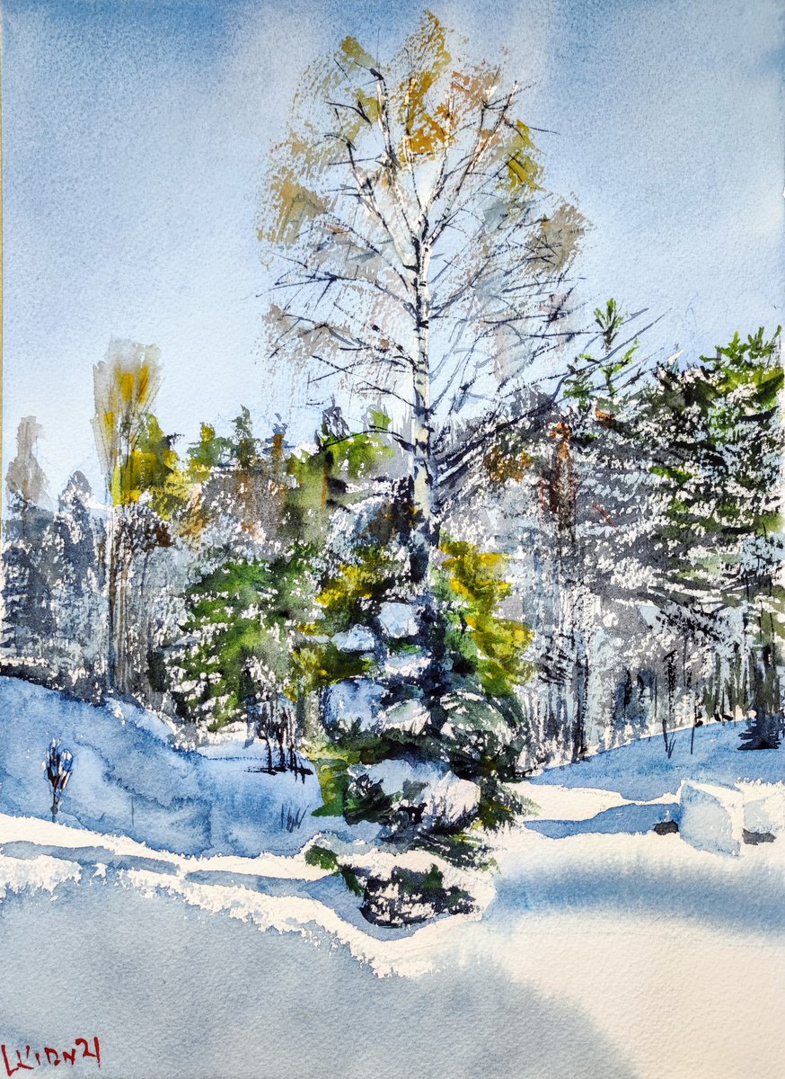 Impressionistic Landscape Watercolour By Leonid Kirnus, 11 X 15", Christmas Tree, Original Artwork