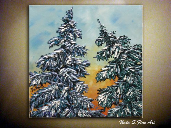 Original Pine Tree Painting. Palette Knife Art, Impasto Tree Painting