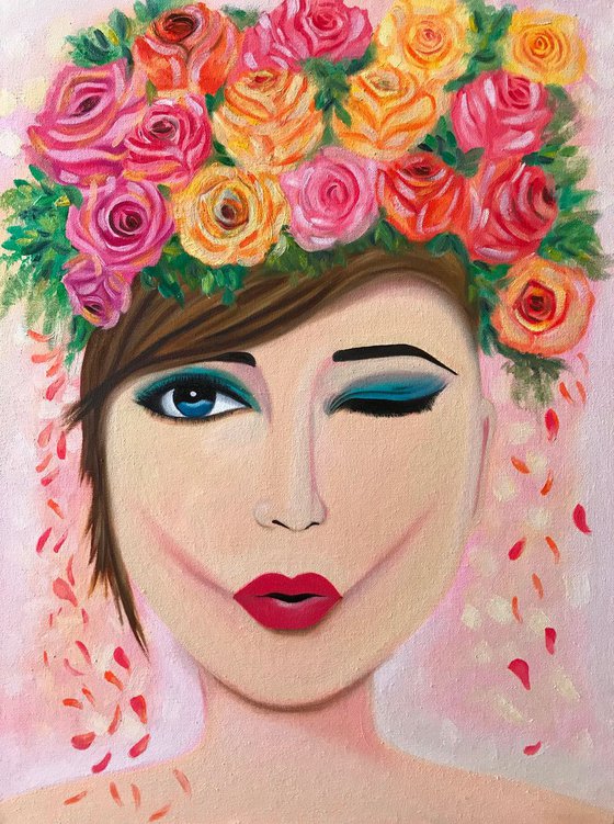 Wink Girl Portrait with flowers !! Oil Painting !!