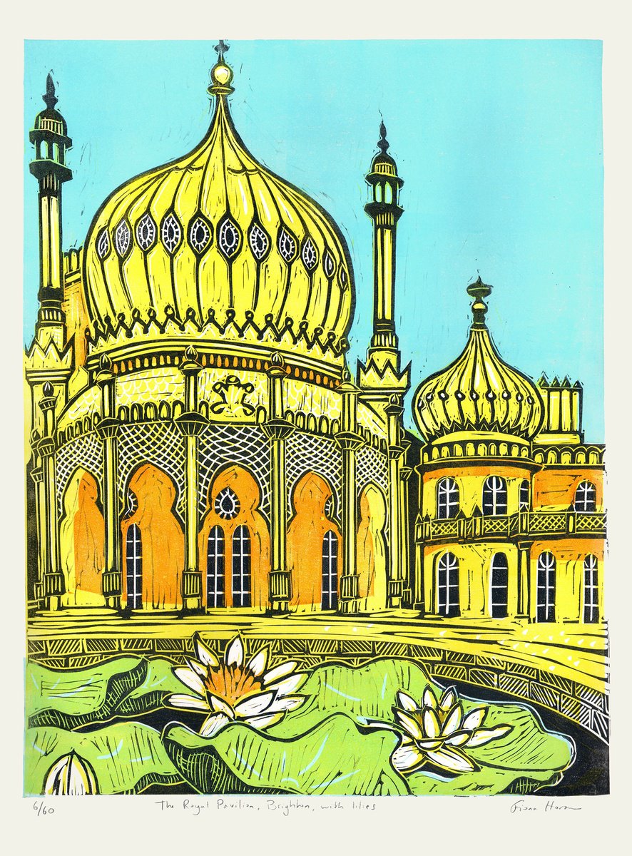 The Royal Pavilion, Brighton, with lilies. Large Limited Edition linocut No.6 by Fiona Horan