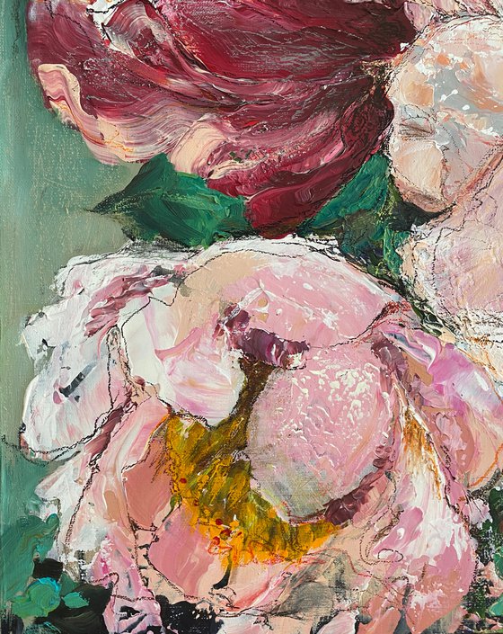 PEONIES ON EMERALD- original painting on canvas floral