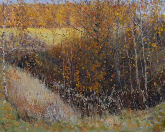 October - sunny autumn landscape painting