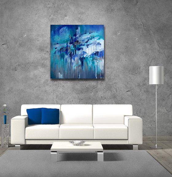 Blue Lagoon - abstraction, oil, original oil painting on canvas, drips painting, blue colors, impressionism