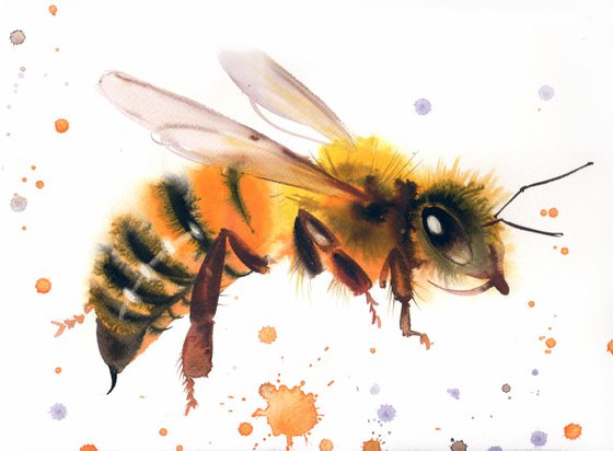 Bee #2 - Bee watercolor painting - Bumble Bee - Nature Illustration - Honey Bee - Flying bee - Lovely Bee - insect art