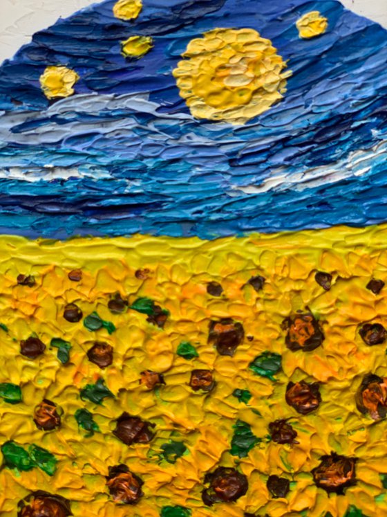 Van Gogh starry night Sunflower field! Impasto painting on round canvas! Ready to hang