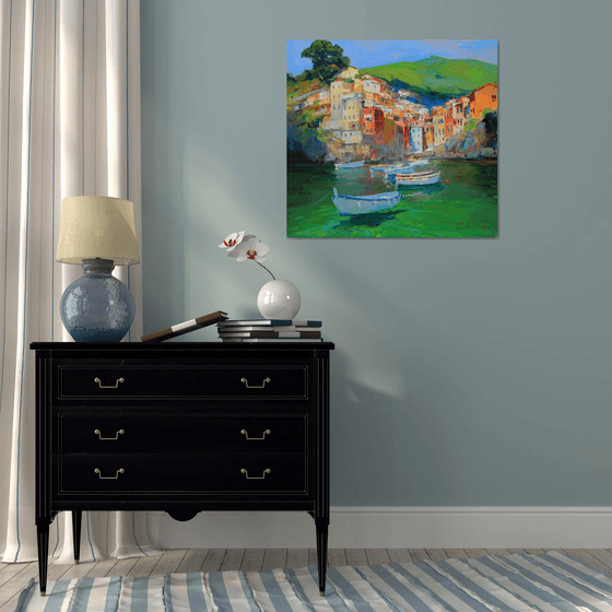 Riomaggiore, Italy seascape oil painting- impasto painting - Italian bay area art work