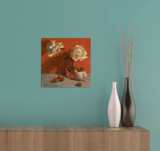 Peonies on Red - Original Floral Oil Painting Home Decor