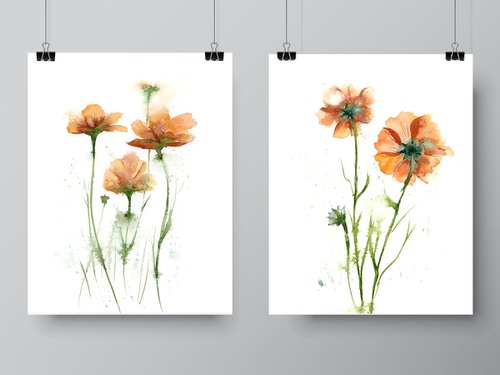 Set of 2 Orange Flowers Paintings by Olga Shefranov (Tchefranov)