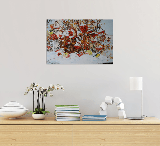 Snowy Rowan Basket and Winter Birds